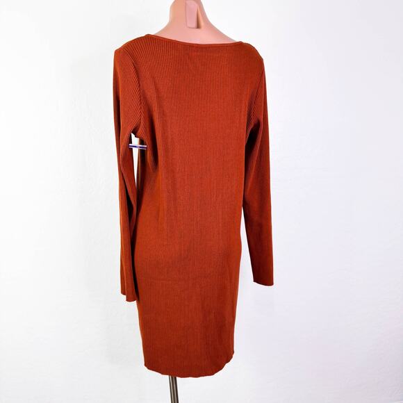 Vince Ribbed Knit Long Sleeve Square Neck Mini Dress Burnt Rust Orange sz XL NWT - Picture 7 of 12